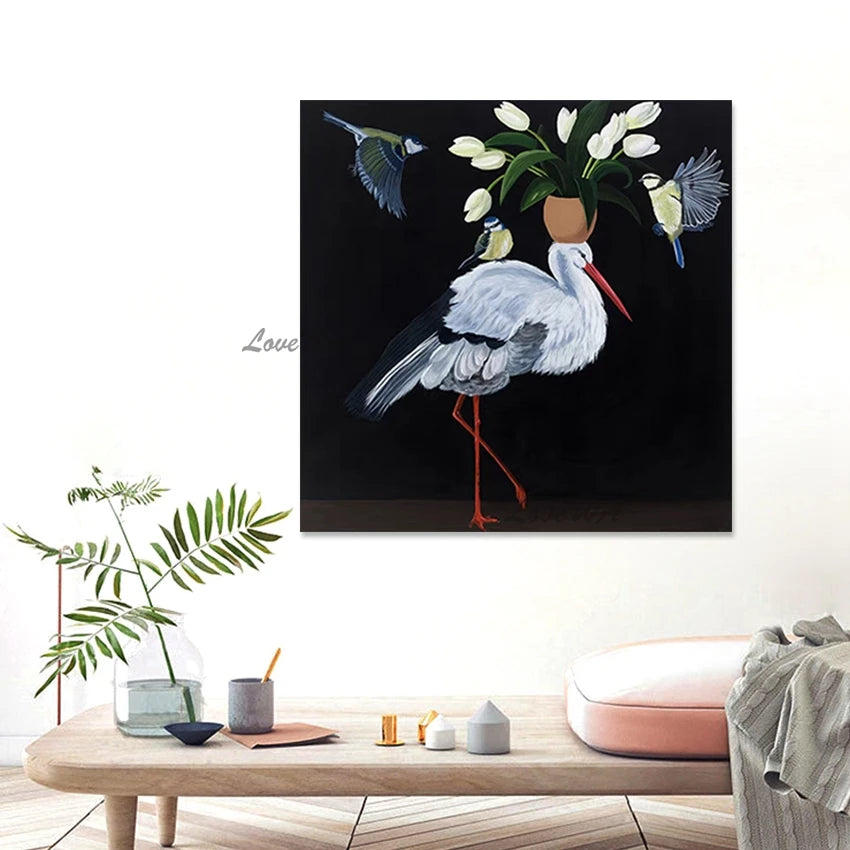 Canvas Artwork, Abstract Design Bird Oil Paintings, Frameless, Flowers Art Picture, Aesthetics Rooms Wall Decoration, Handmade